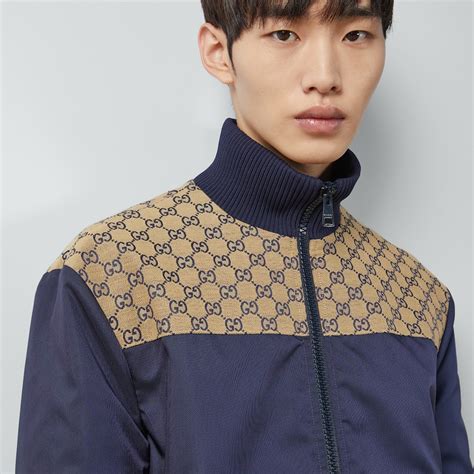 Nylon canvas zip jacket with GG in dark blue 